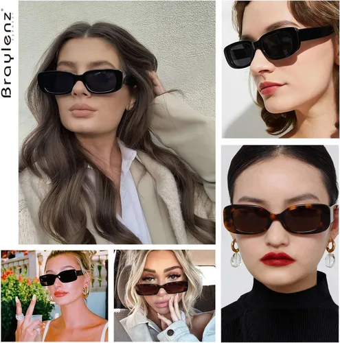 Vista 3 de 2 Pack Trendy Rectangle Sunglasses for Women Narrow Square Frame Shade 100% UV Blocking