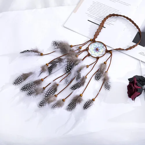 Vista 2 de LUREME Dreamcatcher - Diadema de plumas estilo bohemio con plumas, tocado hippie, diadema bohemia para mujer (Hb00011-5)