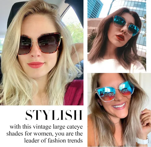 Vista 2 de Joopin - Lentes de sol de gran tamaño con forma de ojos de gato para mujer, con marco de metal de moda