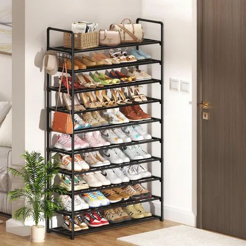 Vista 2 de Organizador de zapatos de 10 niveles, zapatero grande de metal con ganchos, se adapta a 40-50 pares, ideal para armario, entrada, garaje, dormitorio