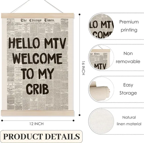 Vista 6 de Koesus Hello MTV - Marco decorativo para pared de periódico Welcome to My Cun, 12 x 16 pulgadas, lienzo estético retro de los años 70 en blanco