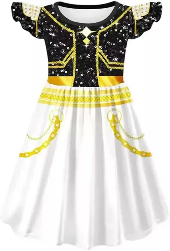 Vista 5 de Vestido con detalle de cadena brillante para niñas, traje de rendimiento inspirado en la moda K-pop para niñas