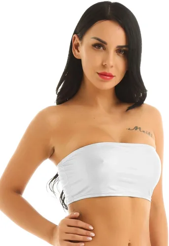 Vista 3 de TiaoBug Sujetador de mujer brillante metálico sexy sin tirantes con parte superior de tubo corto Rave Bandeau