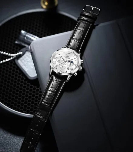 Vista 2 de OLEVS Reloj para hombre cuero marrón moda cronógrafo reloj luminoso impermeable casual relojes de pulsera