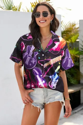 Vista 6 de Camisas hawaianas para mujer, camisa vintage de los años 80 y 90, camisa de discoteca de neón, camisa de fiesta divertida de música country