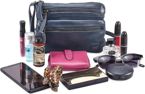 Vista 7 de Wise Owl Accessories Bolso cruzado pequeño de cuero real con triple cremallera para mujer, bolso cruzado vintage de primera calidad
