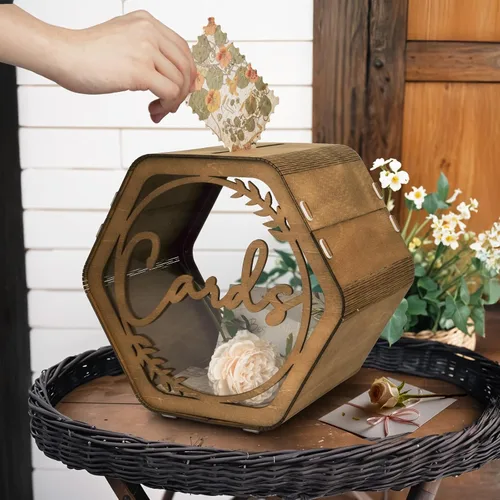 Vista 3 de Caja de tarjetas de boda OurWarm para fiesta, cajas de tarjetas de boda hexagonales marrones para recepción, caja de boda de madera para tarjetas
