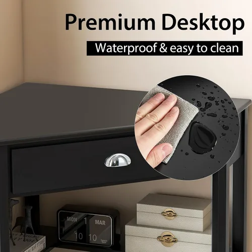 Vista 8 de Nightcore - Escritorio esquinero para espacio pequeño, escritorio de esquina de madera, mesa de escritura compacta con cajón y estantes