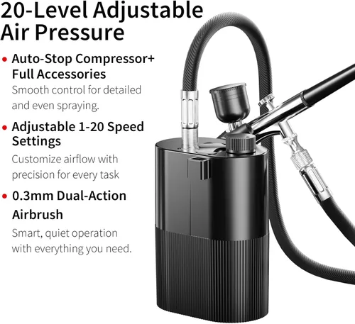 Vista 2 de Kit de Aerógrafo con Compresor, Juego de Aerógrafo de Alta Presión Sin Obstrucciones, Pistola de Aerógrafo Inalámbrica Recargable para Pintura, Arte
