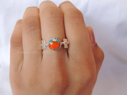 Vista 7 de Spiny Oyster Copper Turquoise Ring Handmade Round Turquoise Silver Ring Statement Handmade Jewelry Sterling Silver 925