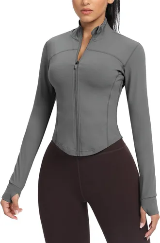 Vista 43 de AVGO Chaquetas de entrenamiento recortadas para mujer, con cremallera, ajustadas, atléticas, con agujeros para el pulgar