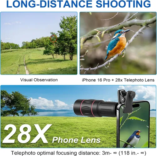 Vista 2 de Lente de zoom teleobjetivo 28X con trípode para iPhone Samsung Android Cámara, HD telescopio monocular con clip para luna, conciertos, vida