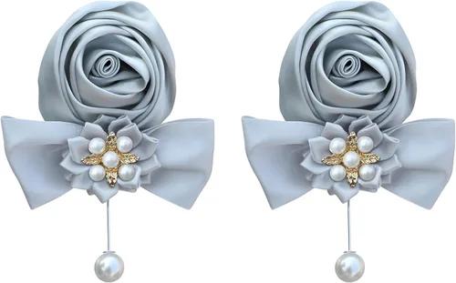 Vista 17 de Boutonniere de rosas de satén, 2 piezas para boda, novio, padrino, padrino, mejor hombre, padre, alfiler de solapa, agujero de botón, flor