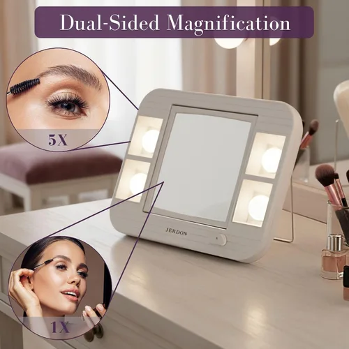 Vista 3 de JERDON Espejo de maquillaje de dos caras con luces, espejo de tocador con aumento 5X e iluminación sin reflejos de dos ajustes, base blanca