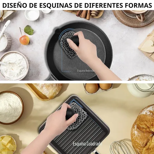 Vista 2 de Esponja de limpieza de hierro fundido con raspador de sartenes, esponja de cadena 316, esponja de malla de cadena mejorada, limpiador de hierro