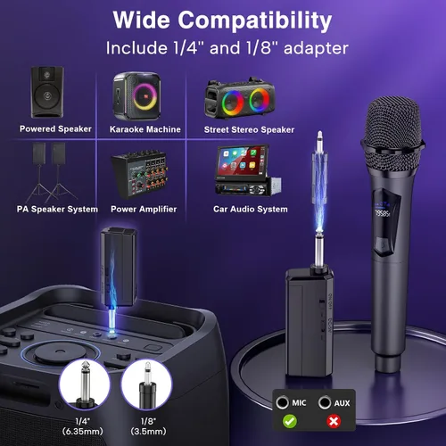 Vista 5 de Micrófono inalámbrico, sistema profesional de micrófono dinámico inalámbrico de mano dual con receptor recargable, Plug & Play, compatible