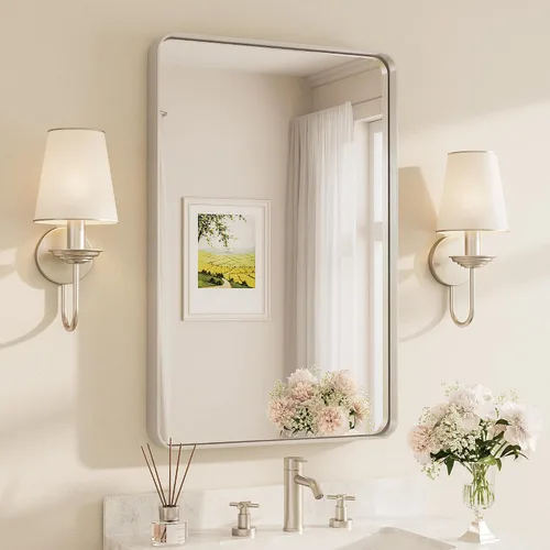 Vista 112 de Espejo de marco dorado cepillado de 16 x 24 pulgadas, espejo de tocador de baño de latón dorado para pared, espejo enmarcado rectangular de esquina