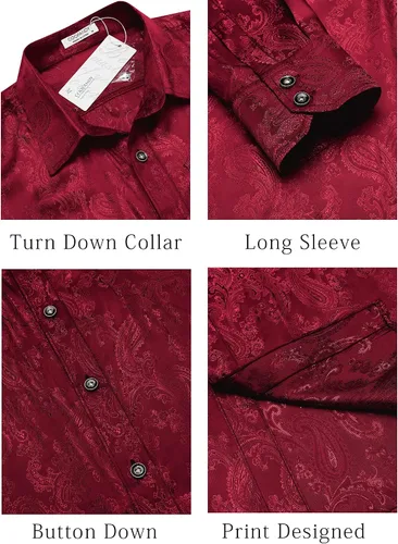 Vista 5 de COOFANDY Camisa de vestir con estampado floral para hombre, camisas de manga larga con botones de cachemira para boda, fiesta, baile de graduación