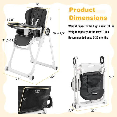 Vista 7 de BABY JOY Silla alta para bebés y niños pequeños, silla alta plegable con respaldo/reposapiés/altura del asiento, bandejas extraíbles dobles, cojín