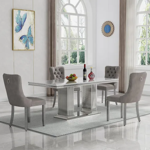 Vista 38 de HomVent Juego de mesa de comedor moderna de mármol sintético para 4 personas, mesa de cocina rectangular con 4 sillas beige (dorado)