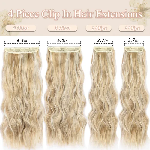 Vista 2 de Extensiones de cabello rubio con clip, de 22 pulgadas, extensiones de cabello largo y rizado con clip, 4 unidades, extensiones de cabello sintético