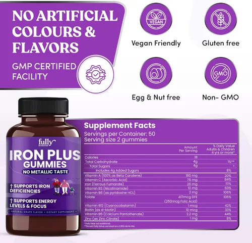 Vista 4 de Suplementos de gomitas de hierro para adultos (mujeres, hombres) y niños, sabor a uva, apoya la anemia, los niveles de energía y enfoque, 100