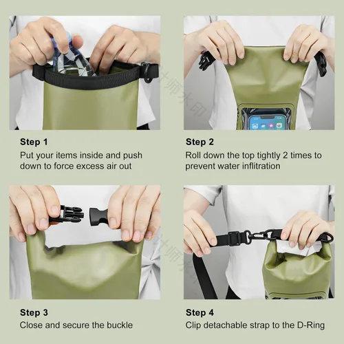 Vista 3 de Bolsa seca impermeable de 2 litros, funda enrollable para teléfono de playa, bolsa seca ligera para natación, kayak, campamento, pesca, viajes, Verde