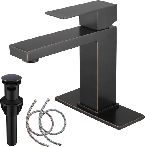 Vista 11 de llave de fregadero dorado cepillado, grifo de baño dorado de un solo agujero, grifo de fregadero de una sola manija alto con desagüe desplegable