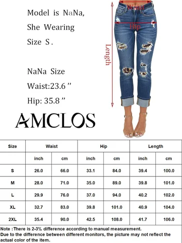Vista 4 de AMCLOS Pantalones cortos de mezclilla casuales para mujer cintura alta elástica con agujeros rasgados desgastados con bolsillos