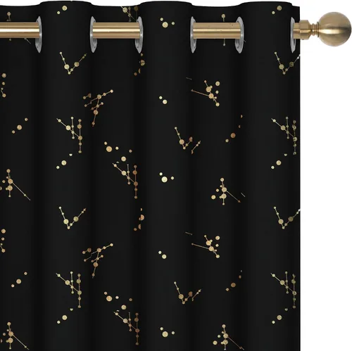 Vista 55 de Deconovo - Cortinas opacas con diseño dorado estampado y ojales, negro, de 42 pulgadas de ancho x 45 pulgadas de largo