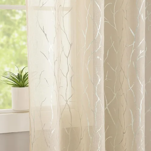 Vista 10 de Kotile Cortinas traslúcidas de rama de árbol – Cortinas traslúcidas grises con estampado de rama de árbol en lámina dorada metálica de 63 pulgadas