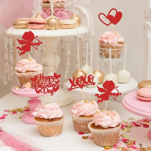 Vista 83 de Ephlyn 24 adornos para cupcakes con purpurina para el día de San Valentín, dulce amor, corazón, día de San Valentín, decoración para cupcakes