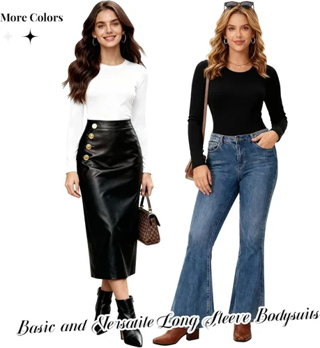 Vista 3 de CE' CERDR Paquete de 4/5 Bodies de Manga Larga para Mujer Cuello Redondo Casual Elástico Camisetas Básicas Cuello Redondo Body Suits Tops