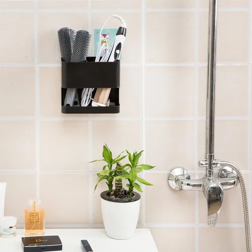 Vista 4 de Organizador de herramientas para el cabello MyGift con 2 ranuras, soporte negro de metal para rizador de pelo, organizador de accesorios de salón