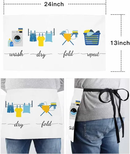 Vista 6 de Modern Minimalist Server Aprons with 3 Pockets, Cartoon Laundry Room Washing Machine Waitress Waist Apron for Women Men Waterproof Half Aprons
