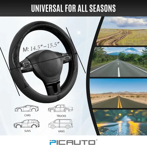 Vista 7 de PIC AUTO Funda para volante, diseño de retazos de cuero estampado negro, ajuste universal de 14.5 a 15.5 pulgadas, antideslizante, sin olor, piel