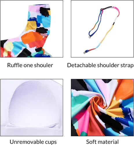 Vista 6 de Yonique Tankini de un hombro para mujer, con volantes, sin tirantes, sin parte inferior