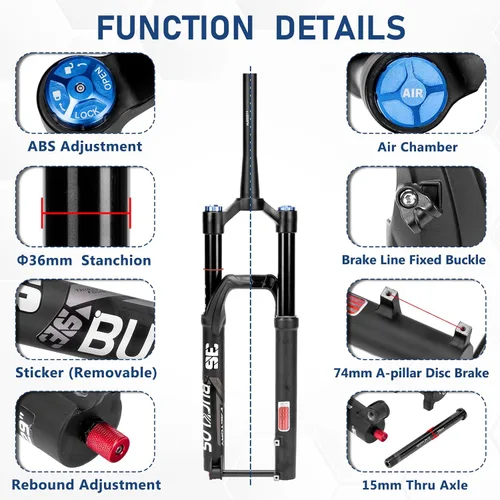 Vista 8 de BUCKLOS Horquilla de suspensión neumática MTB 27.5 29 4.331 * 0.591 in Boost AM E-Bike cónica, viaje 6.299 in 1.417 in tubo interior a través