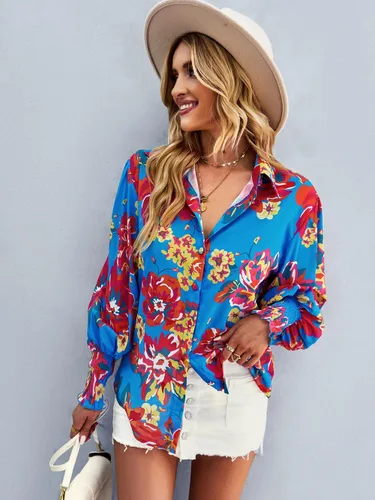 Vista 4 de Camisa estampada elástica para mujer, con estampado floral, de manga larga, con botones, para mujer