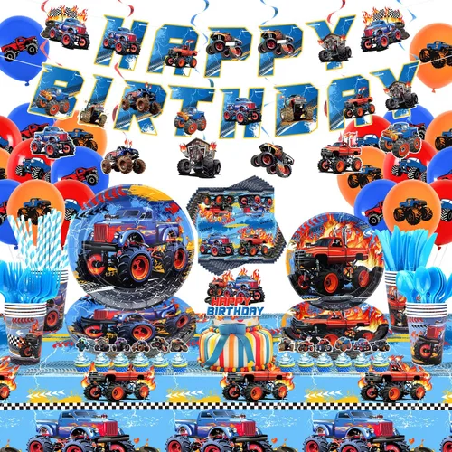 Vista 8 de KEFAN Suministros para fiesta de cumpleaños de Monster Truck, juego de decoraciones de fiesta de camión monstruo que incluye telón de fondo, platos