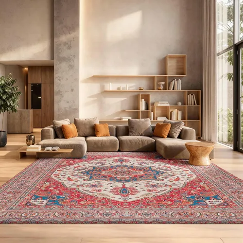 Vista 8 de SAFAVIEH Tucson Collection - Alfombra lavable de 2 pies 6 pies x 6 pies, color beige y al óxido, antideslizante y fácil de limpiar, ideal