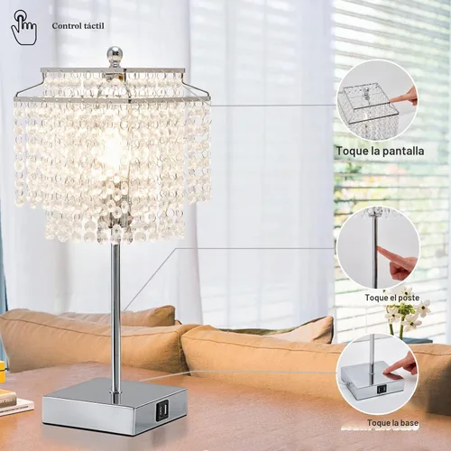 Vista 4 de Luvkczc Lámpara de Mesa de Cristal con Control Táctil Juego de 2, Lámpara de Mesa de Noche USB con Puertos USB C+A, Lámpara Regulable con Pantalla