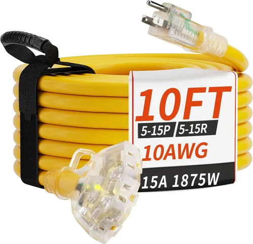 Vista 10 de PlugSaf - Cable de extensión para exteriores de calibre 10 de 50 pies con múltiples tomas, color amarillo