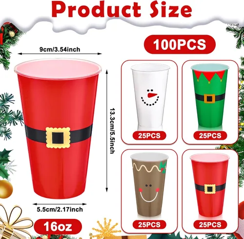 Vista 3 de Bokon 100 Piezas Vasos de Navidad de 16 oz de Plástico Desechables de Papá Noel Vasos con Diseños de Cinturón de Papá Noel Muñeco de Nieve Alce
