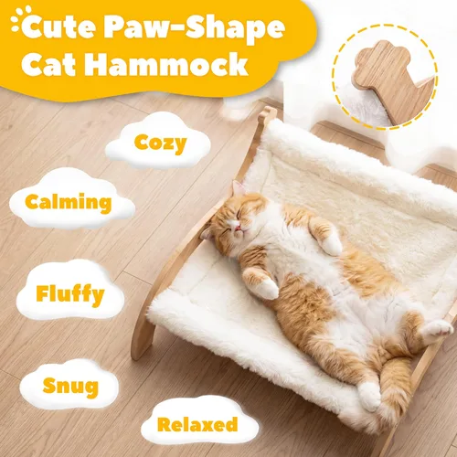 Vista 2 de Cama elevada para gatos de interior, bonita hamaca para gatos en forma de pata, con cómodo cojín lavable, muebles de madera maciza para mascotas