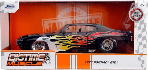 Vista 7 de Jada Big Time Muscle 1:24 1971 Pontiac GTO - Coche fundido a presión, juguetes para niños y adultos (llamas negras)