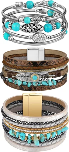 Vista 13 de Inbagi 3 piezas pulsera de turquesa para mujer pulsera de cuero joyería occidental para mujer brazalete plateado tipo pulsera