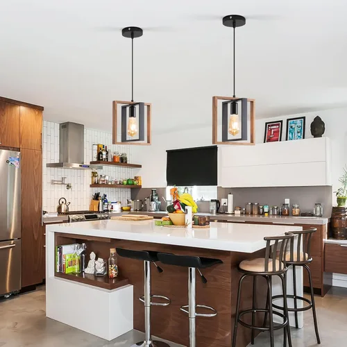 Vista 7 de Lámpara colgante estilo granja, luces colgantes negras para isla de cocina, luz colgante de metal industrial y madera vintage, lámpara de techo