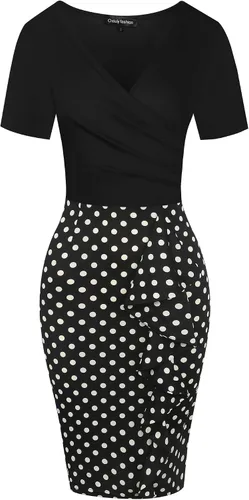 Vista 3 de oxiuly OX300 - Vestido de tubo delgado con cuello en V y dobladillo con volantes para mujer, elegante, para fiesta, iglesia, vestido ajustado
