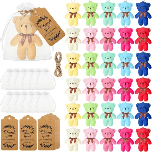 Vista 7 de Fumete 40 juegos de osos para baby shower de 4.7 pulgadas, osos pequeños a granel, osos de peluche, llavero pequeño, adornos colgantes con bolsa